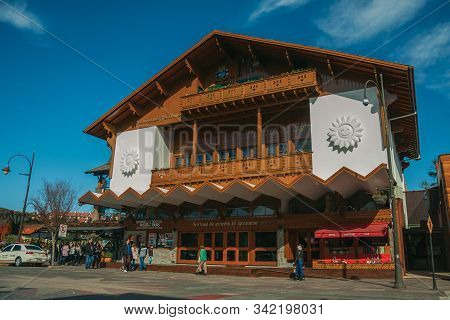 Gramado, Brazil, July 21, 2019. Charming Facade From Festivals Palace And People On Borges De Medeir