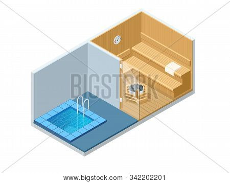 Isometric Sauna Interior And Cold Pool. Empty Finnish Sauna, Classic Wooden Sauna. Wooden Benches An