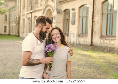 Simple Happiness. Romantic Date Idea. Guy Prepared Surprise Bouquet For Girlfriend. True Feelings. B