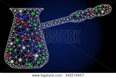 Flare White Mesh Coffee Cezve With Glow Effect. Abstract Illuminated Model Of Coffee Cezve. Shiny Wi