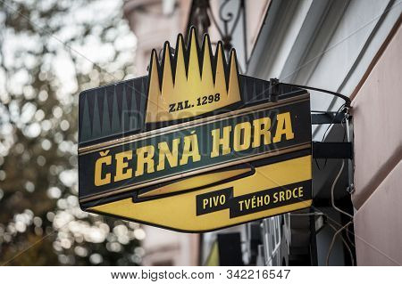 Prague, Czechia - November 2, 2019:  Cerna Hora Pivo Logo In Front Of A Local Retailer Bar In Prague