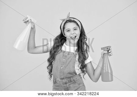 Neat Is My Middle Name. Funny Small Housekeeper. Little Housekeeper Hold Spray Bottles On Yellow Bac