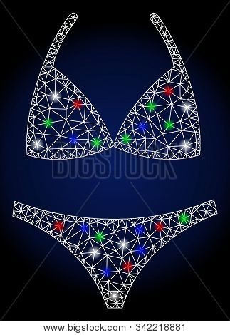Flare White Mesh Bikini With Glitter Effect. Abstract Illuminated Model Of Bikini. Shiny Wire Frame 