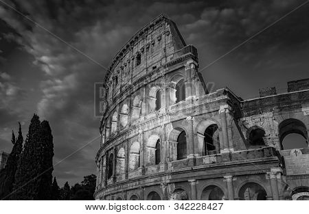 Rome Colloseum At Night Architecture In Rome Italy City Center. Rome Ethernal City Architectural Det