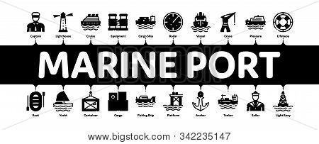 Marine Port Transport Minimal Infographic Web Banner Vector. Port Dock And Harbor, Lighthouse And An