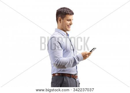 Young man in formal clotes using a mobile phone isolated on white background