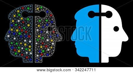 Glowing Mesh Dual Head Connection Icon With Sparkle Effect. Abstract Illuminated Model Of Dual Head 