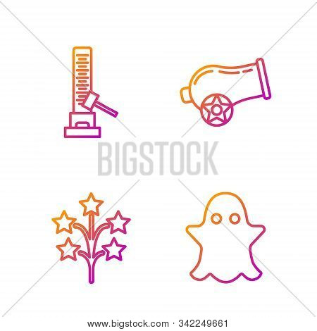 Set Line Ghost, Fireworks, High Striker Attraction With Big Hammer And Cannon. Gradient Color Icons.