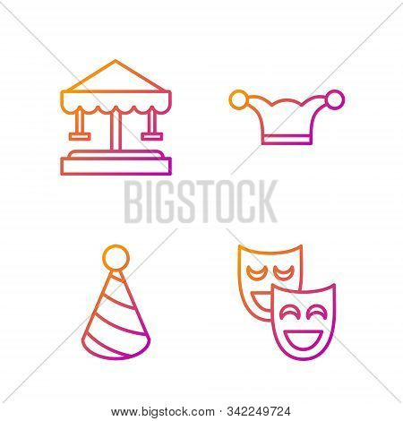 Set Line Comedy Theatrical Masks, Party Hat, Attraction Carousel And Jester Hat With Bells. Gradient
