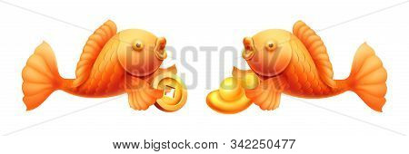 Fish With Golden Ingots And Coins. Dish For Cny Or 2020 Chinese New Year Eve. Surplus And Wealth Sig