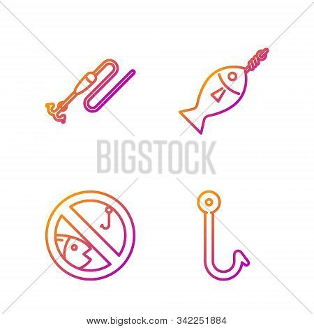 Set Line Fishing Hook, No Fishing, Fishing Line With Hook And Float And Fish On Hook. Gradient Color