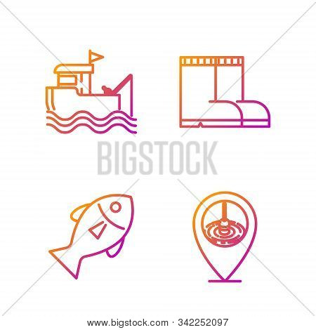 Set Line Location Fishing, Fish, Fishing Boat With Fishing Rod On Water And Fishing Boots. Gradient 