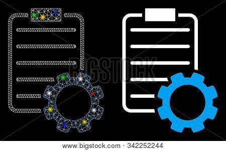 Glowing Mesh Smart Contract Gear Icon With Sparkle Effect. Abstract Illuminated Model Of Smart Contr
