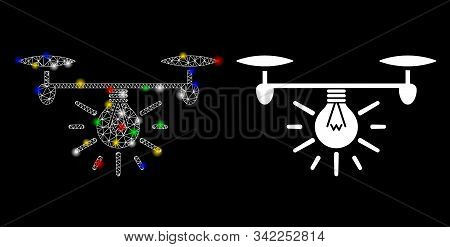 Glowing Mesh Copter Illumination Icon With Sparkle Effect. Abstract Illuminated Model Of Copter Illu