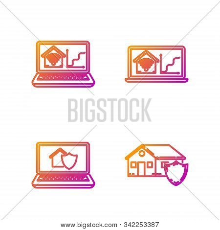 Set Line House Under Protection, Laptop With House Under Protection, Laptop With Smart Home With Wi-