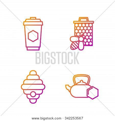 Set Line Tea Kettle With Honey, Hive For Bees, Cup Of Tea With Honey And Bee And Honeycomb. Gradient