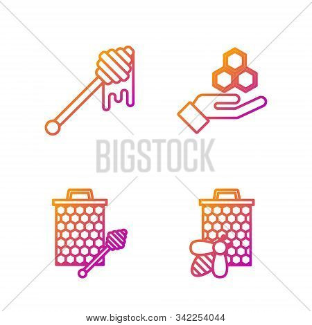 Set Line Bee And Honeycomb, Honeycomb With Honey Dipper Stickicon, Honey Dipper Stick With Dripping 