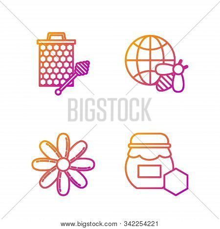 Set Line Jar Of Honey, Flower, Honeycomb With Honey Dipper Stickicon And Honeycomb Map Of The World 
