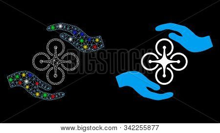 Bright Mesh Air Copter Care Hands Icon With Glow Effect. Abstract Illuminated Model Of Air Copter Ca