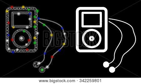 Glowing Mesh Mobile Media Player Icon With Lightspot Effect. Abstract Illuminated Model Of Mobile Me