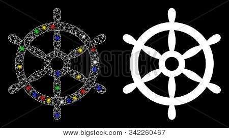 Glowing Mesh Boat Steering Wheel Icon With Lightspot Effect. Abstract Illuminated Model Of Boat Stee