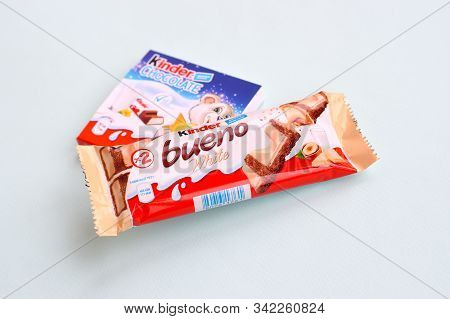 Kinder Chocolate Small Box For Kids And Bueno White Chocolate Bar Made By Ferrero Spa. Kinder Is A C