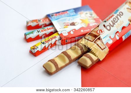 Kinder Chocolate Small Box For Kids And Bueno White Chocolate Bar Made By Ferrero Spa. Kinder Is A C