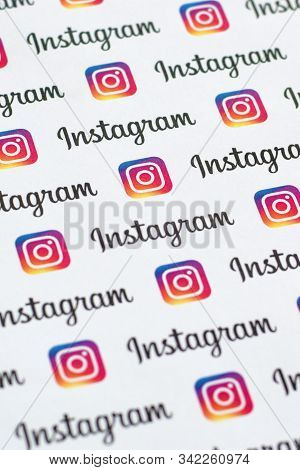 Instagram Pattern Printed On Paper With Small Instagram Logos And Inscriptions. Instagram Is America