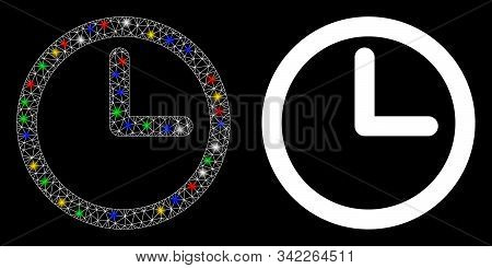 Bright Mesh Time Icon With Sparkle Effect. Abstract Illuminated Model Of Time. Shiny Wire Carcass Po