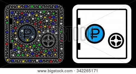 Glowing Mesh Rouble Bank Safe Icon With Glow Effect. Abstract Illuminated Model Of Rouble Bank Safe.