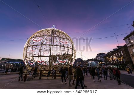 A Coruna, Spain. Dec 2012: Huge Christmas Ball Lights For Christmas At Waterfront La Marina