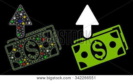Glossy Mesh Dollar Banknotes Expences Icon With Lightspot Effect. Abstract Illuminated Model Of Doll