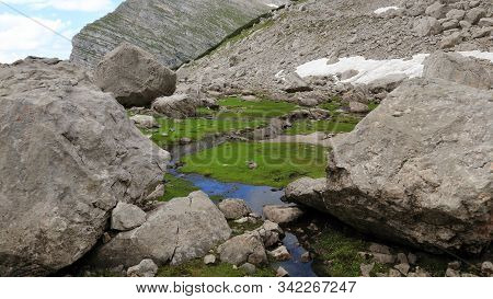 Small Creak Meandering In The Mountains Surrounded By Green Grass And Rocks, Alps, Austria.