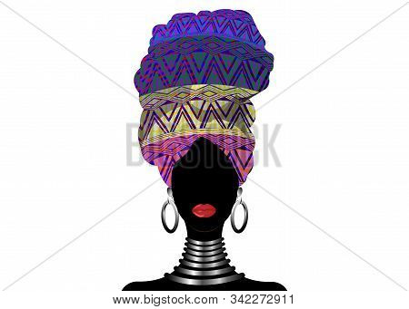 African Scarf, Portrait Afro Woman In A Geometric Turban. Tribal Wrap Fashion, Ankara, Kente, Kiteng