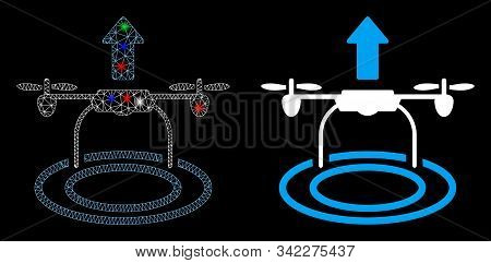 Glossy Mesh Start Drone Icon With Sparkle Effect. Abstract Illuminated Model Of Start Drone. Shiny W