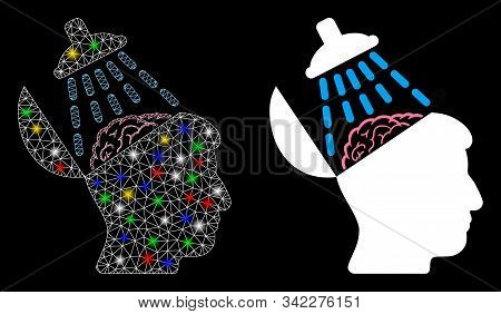 Glowing Mesh Brain Washing Icon With Glow Effect. Abstract Illuminated Model Of Brain Washing. Shiny