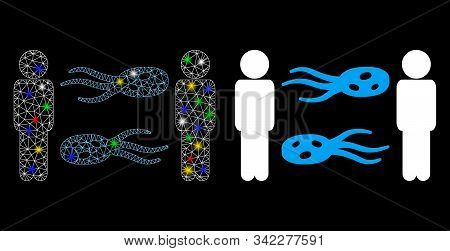 Glowing Mesh Persons Exchange Microbes Icon With Glitter Effect. Abstract Illuminated Model Of Perso