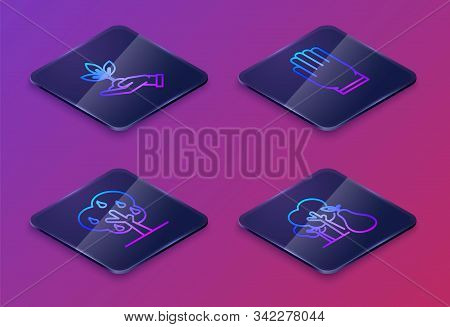 Set Isometric Line Plant In Hand Of Environmental Protection, Tree With Pears, Garden Gloves And Tre