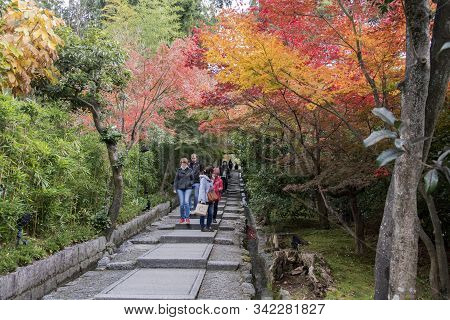 Kyoto, Japan- 27 Nov, 2019: People Visit Daidokoro-zaka Stone Steps That Connects Neneno Michi Road 
