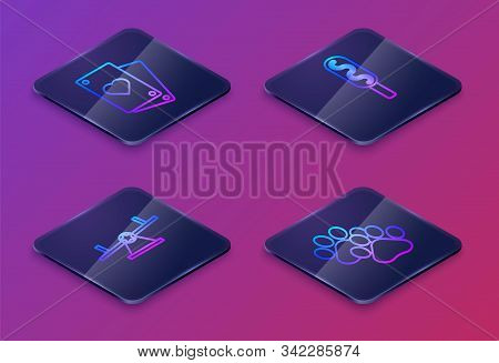 Set Isometric Line Playing Card, Seesaw, Corn Dog And Paw Print. Blue Square Button. Vector