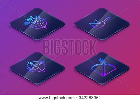 Set Isometric Line Hunt On Deer With Crosshairs, Hunt On Duck With Crosshairs, Flying Duck And Bow A