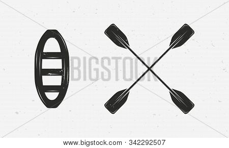 Raft And Paddles Silhouettes Isolated On White Background. Vector Extreme Water Sport Icons.
