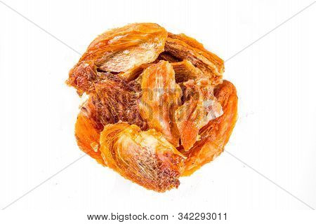 Heap Of Sun Dried Persimmon Slices Isolated On White Background. Top View