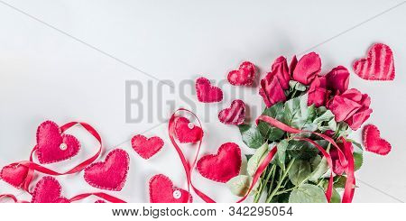Valentines Day Background With Handmade Red Textile Hearts,red Ribbon And Roses. White Background  F
