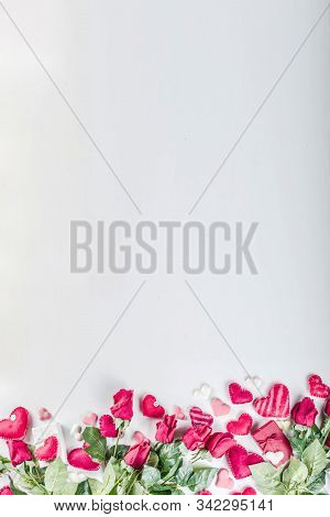Valentines Day Background With Handmade Red Textile Hearts,red Ribbon And Roses. White Background  F