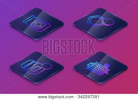 Set Isometric Line Jar Of Honey, Jar Of Honey, Honeycomb And Honeycomb With Honey Dipper Stickicon. 