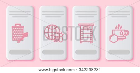 Set Line Honeycomb With Honey Dipper Stickicon, Honeycomb Map Of The World And Bee, Hive For Bees An