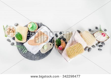 Bodycare Organic Cosmetics. Spa Setting With Basic Hygiene Treatment - Sea Salt, Washcloth And Natur