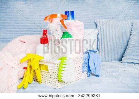 Spring Home Cleaning And Housekeeping Concept, Basket With Cleaning Items, Utensils, Supplies. Copy 