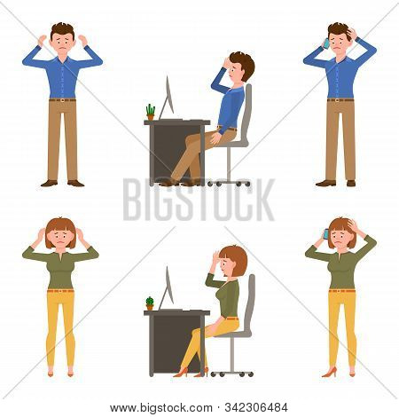 Sad, Exhausted, Miserable Office Boy And Girl Vector Illustration. Standing Unhappily, Upset, Talkin